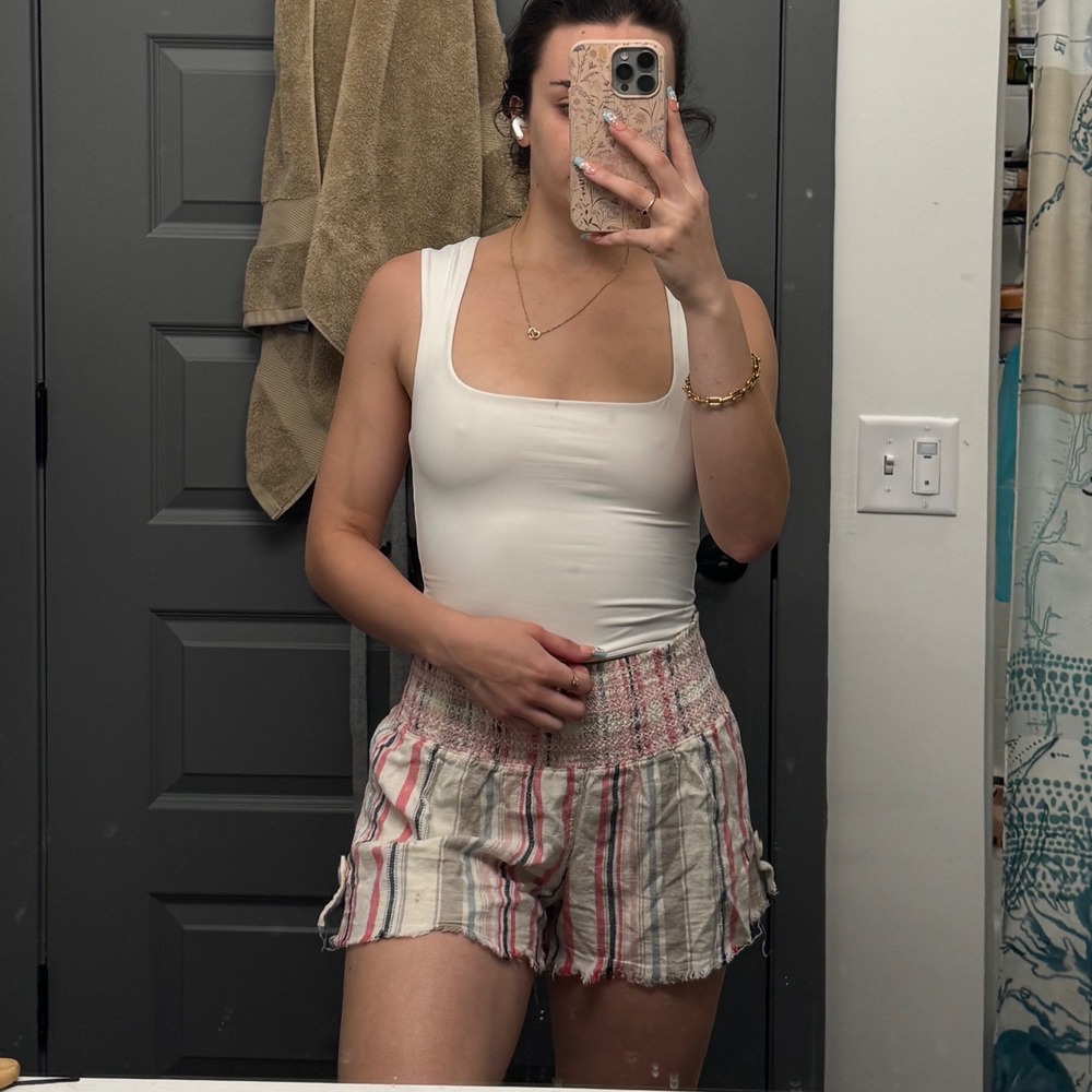 Rewash Pink Striped Smocked Waist Linen Blend Shorts Raw Hem Small